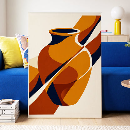 Ochre Vessel Rhythm, orange, blue, beige abstract wall art on canvas displayed in a styled interior, gallery view 2