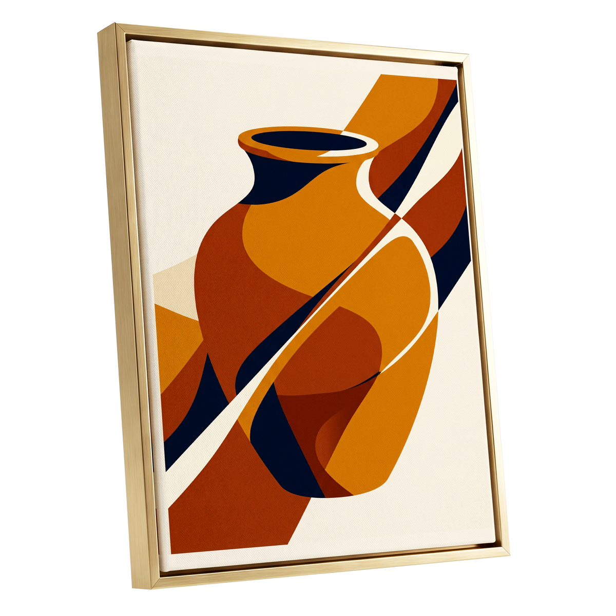 Ochre Vessel Rhythm, orange, blue, beige abstract wall art shown as a gold framed canvas wall art