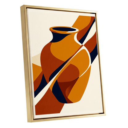 Ochre Vessel Rhythm, orange, blue, beige abstract wall art shown as a gold framed canvas wall art