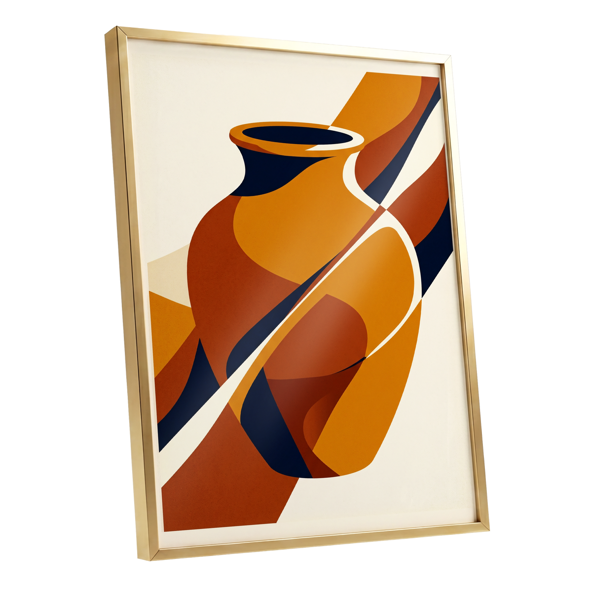 Ochre Vessel Rhythm, orange, blue, beige abstract wall art shown as a gold framed poster wall art print