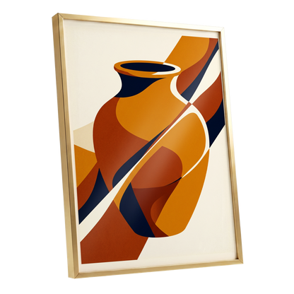 Ochre Vessel Rhythm, orange, blue, beige abstract wall art shown as a gold framed poster wall art print