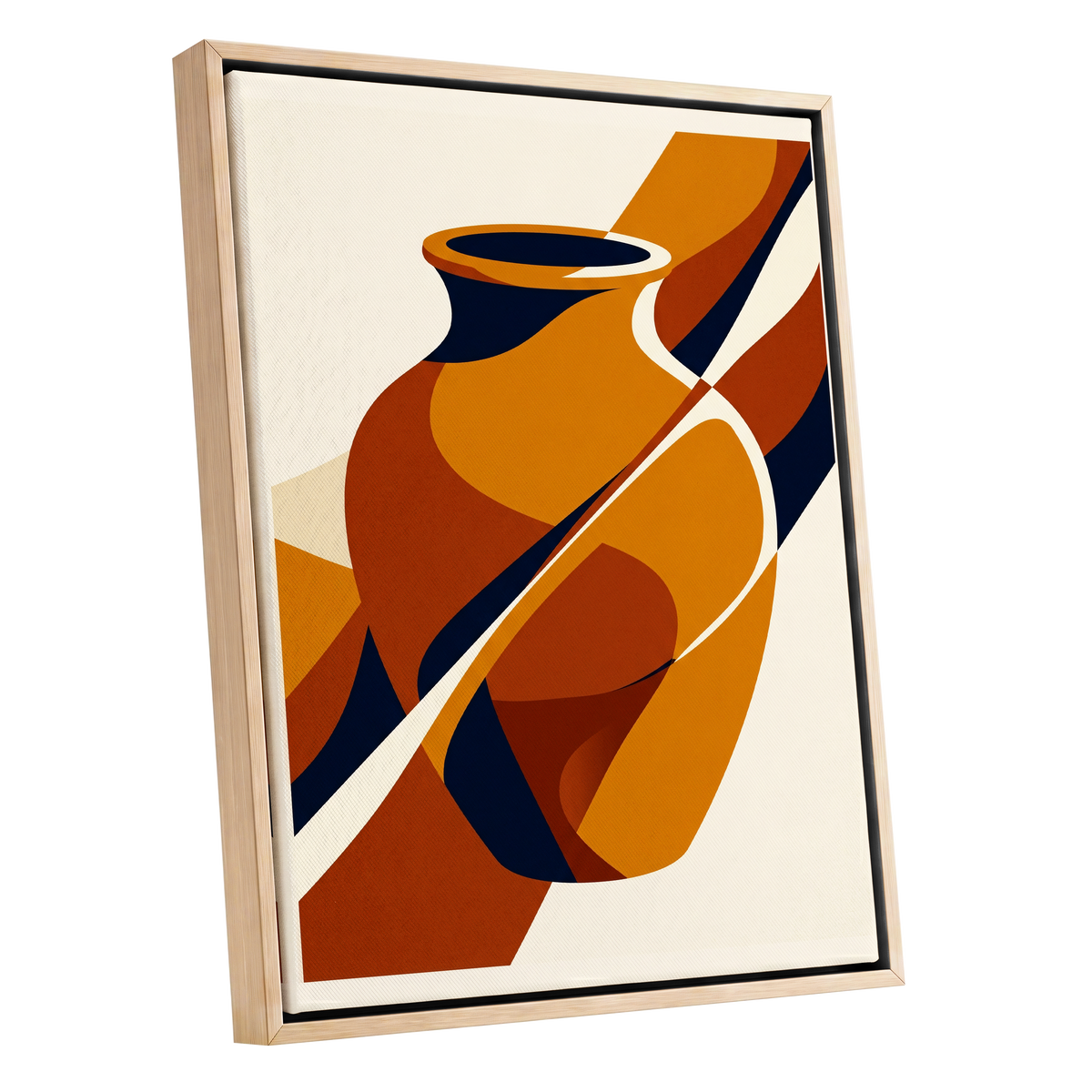 Ochre Vessel Rhythm, orange, blue, beige abstract wall art shown as a oak framed canvas wall art