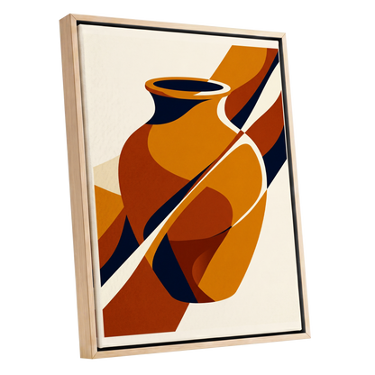 Ochre Vessel Rhythm, orange, blue, beige abstract wall art shown as a oak framed canvas wall art