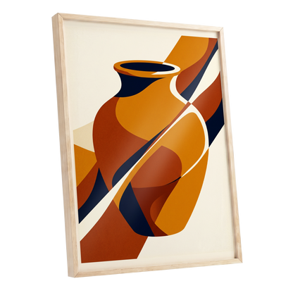 Ochre Vessel Rhythm, orange, blue, beige abstract wall art shown as a oak framed poster wall art print