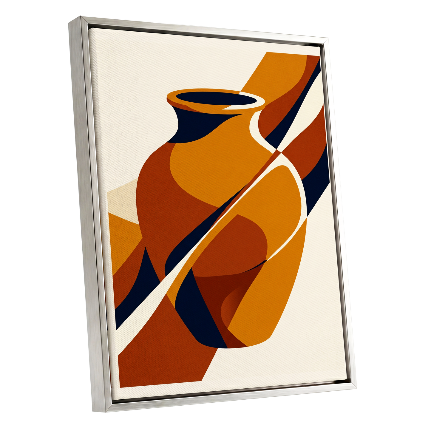 Ochre Vessel Rhythm, orange, blue, beige abstract wall art shown as a silver framed canvas wall art