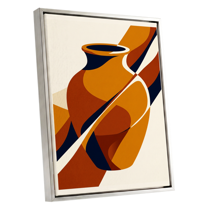 Ochre Vessel Rhythm, orange, blue, beige abstract wall art shown as a silver framed canvas wall art