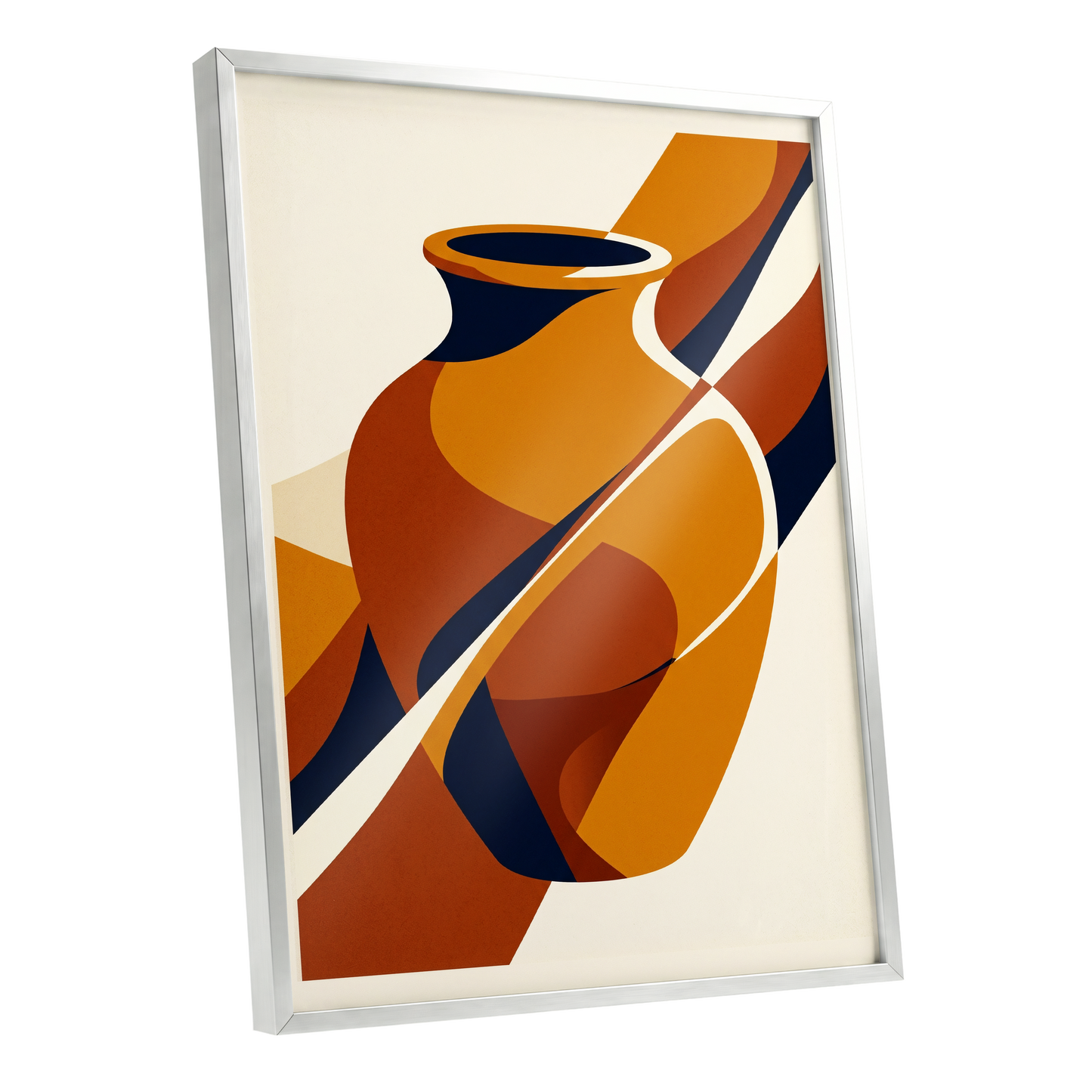 Ochre Vessel Rhythm, orange, blue, beige abstract wall art shown as a silver framed poster wall art print