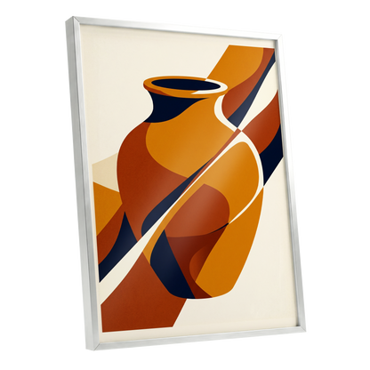 Ochre Vessel Rhythm, orange, blue, beige abstract wall art shown as a silver framed poster wall art print