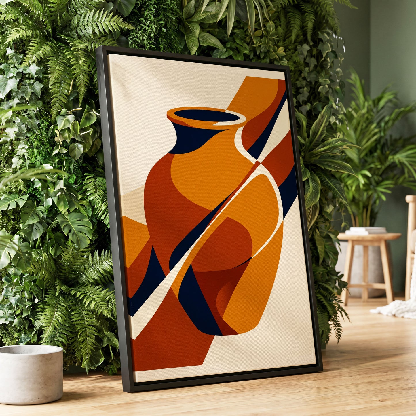 Ochre Vessel Rhythm, orange, blue, beige abstract wall art displayed in a styled interior, gallery view 1