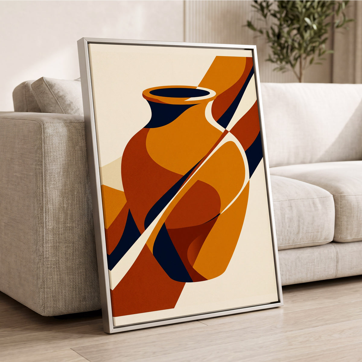 Ochre Vessel Rhythm, orange, blue, beige abstract wall art displayed in a styled interior, gallery view 2