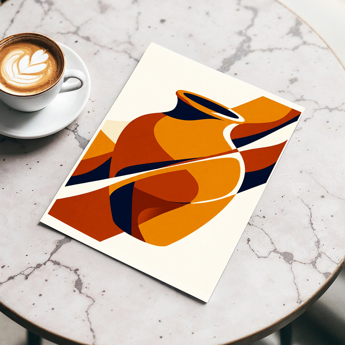 Ochre Vessel Rhythm, orange, blue, beige abstract wall art displayed in a styled interior, gallery view 3