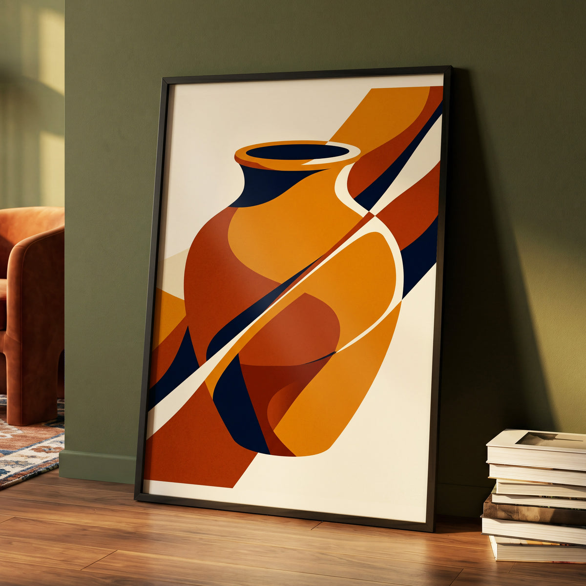 Ochre Vessel Rhythm, orange, blue, beige abstract wall art displayed in a styled interior, gallery view 4