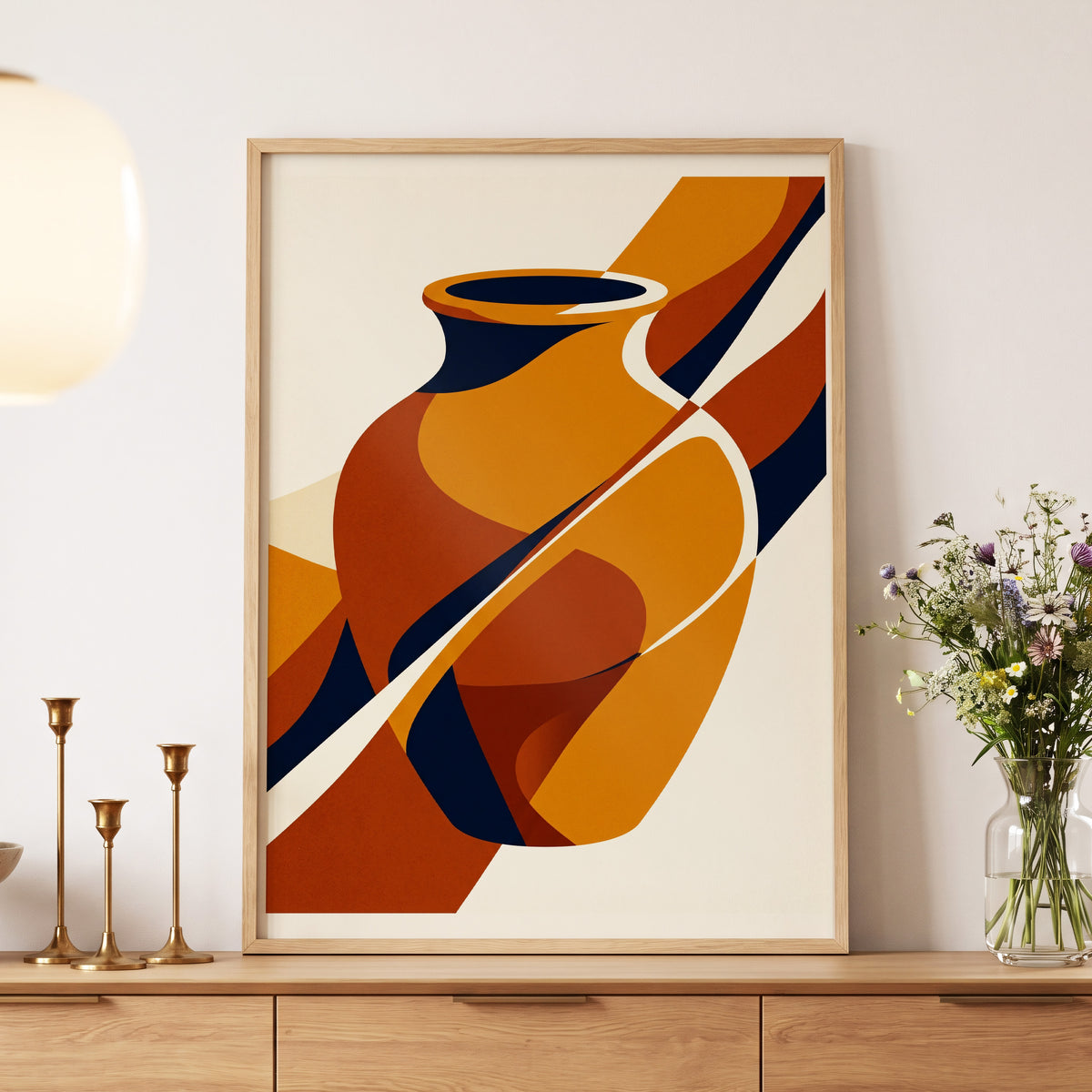 Ochre Vessel Rhythm, orange, blue, beige abstract wall art displayed in a styled interior, gallery view 5