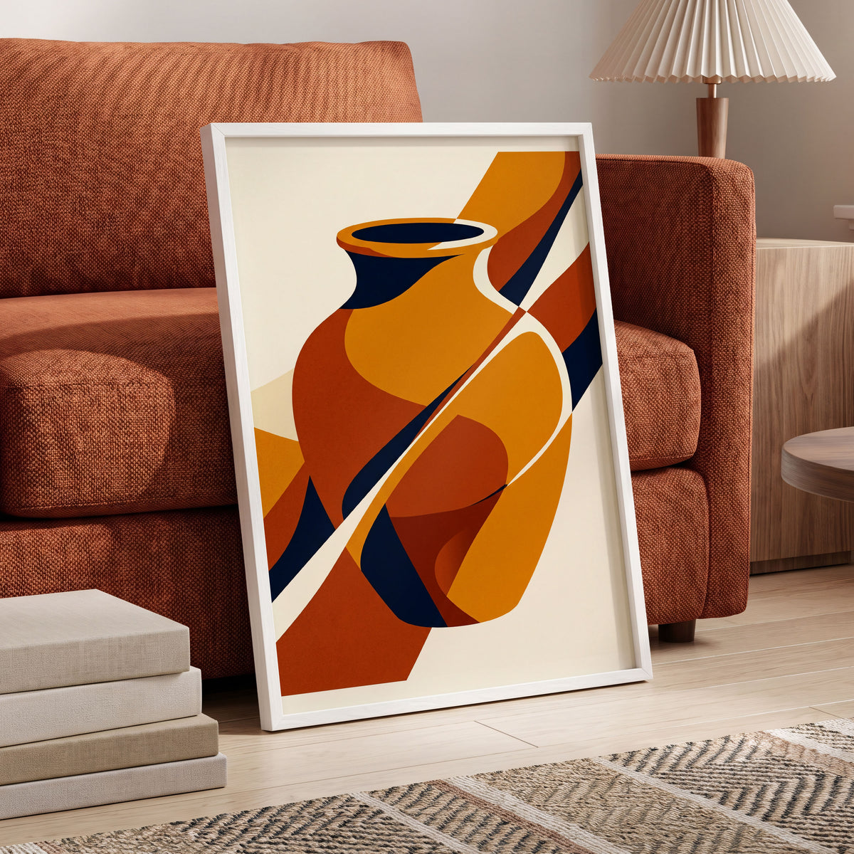 Ochre Vessel Rhythm, orange, blue, beige abstract wall art displayed in a styled interior, gallery view 6
