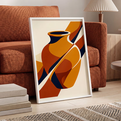 Ochre Vessel Rhythm, orange, blue, beige abstract wall art displayed in a styled interior, gallery view 6