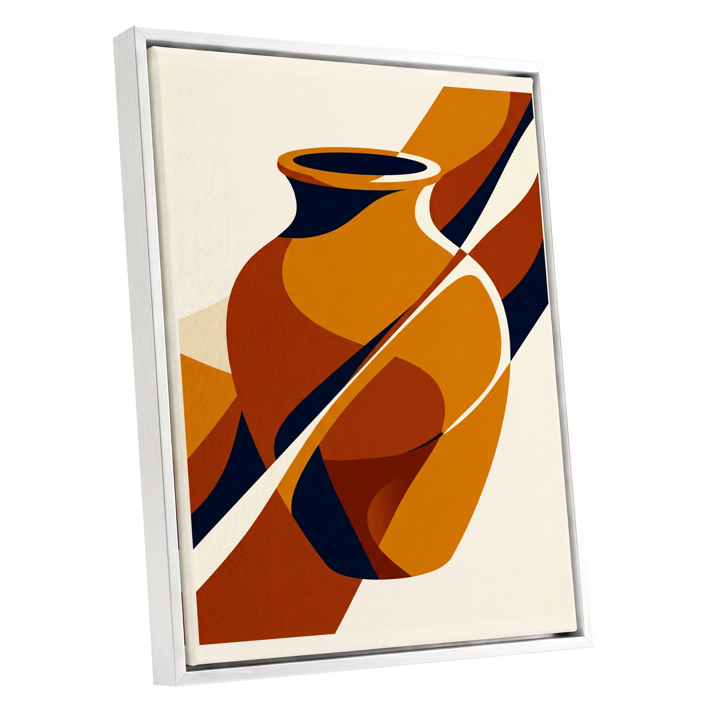 Ochre Vessel Rhythm, orange, blue, beige abstract wall art shown as a white framed canvas wall art