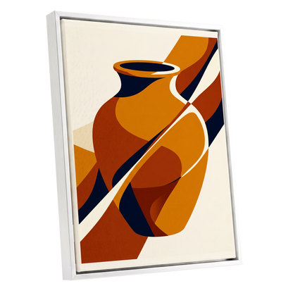 Ochre Vessel Rhythm, orange, blue, beige abstract wall art shown as a white framed canvas wall art