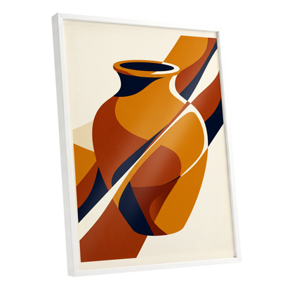 Ochre Vessel Rhythm, orange, blue, beige abstract wall art shown as a white framed poster wall art print