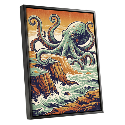 Octopus at the Edge, green, blue, orange nature wall art shown as a black framed canvas wall art