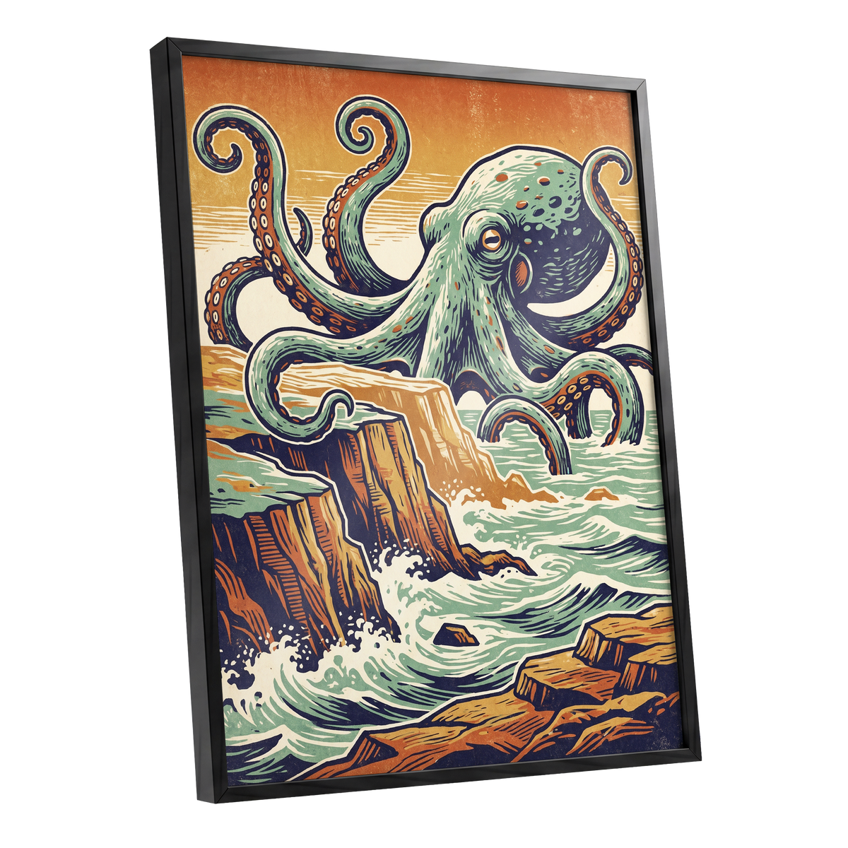 Octopus at the Edge, green, blue, orange nature wall art shown as a black framed poster wall art print
