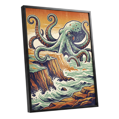Octopus at the Edge, green, blue, orange nature wall art shown as a black framed poster wall art print