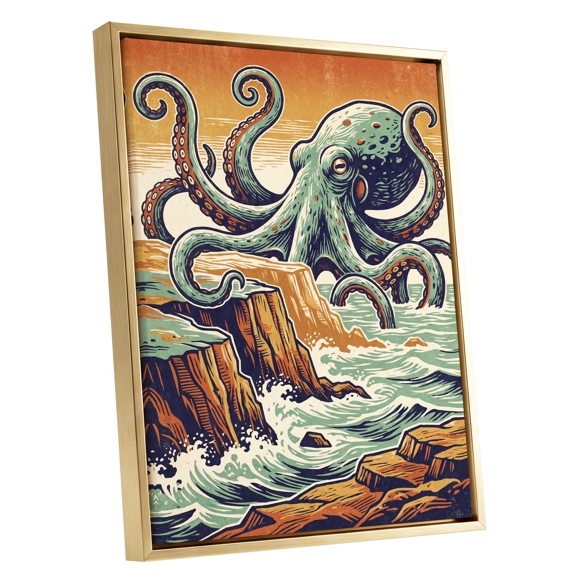 Octopus at the Edge, green, blue, orange nature wall art shown as a gold framed canvas wall art