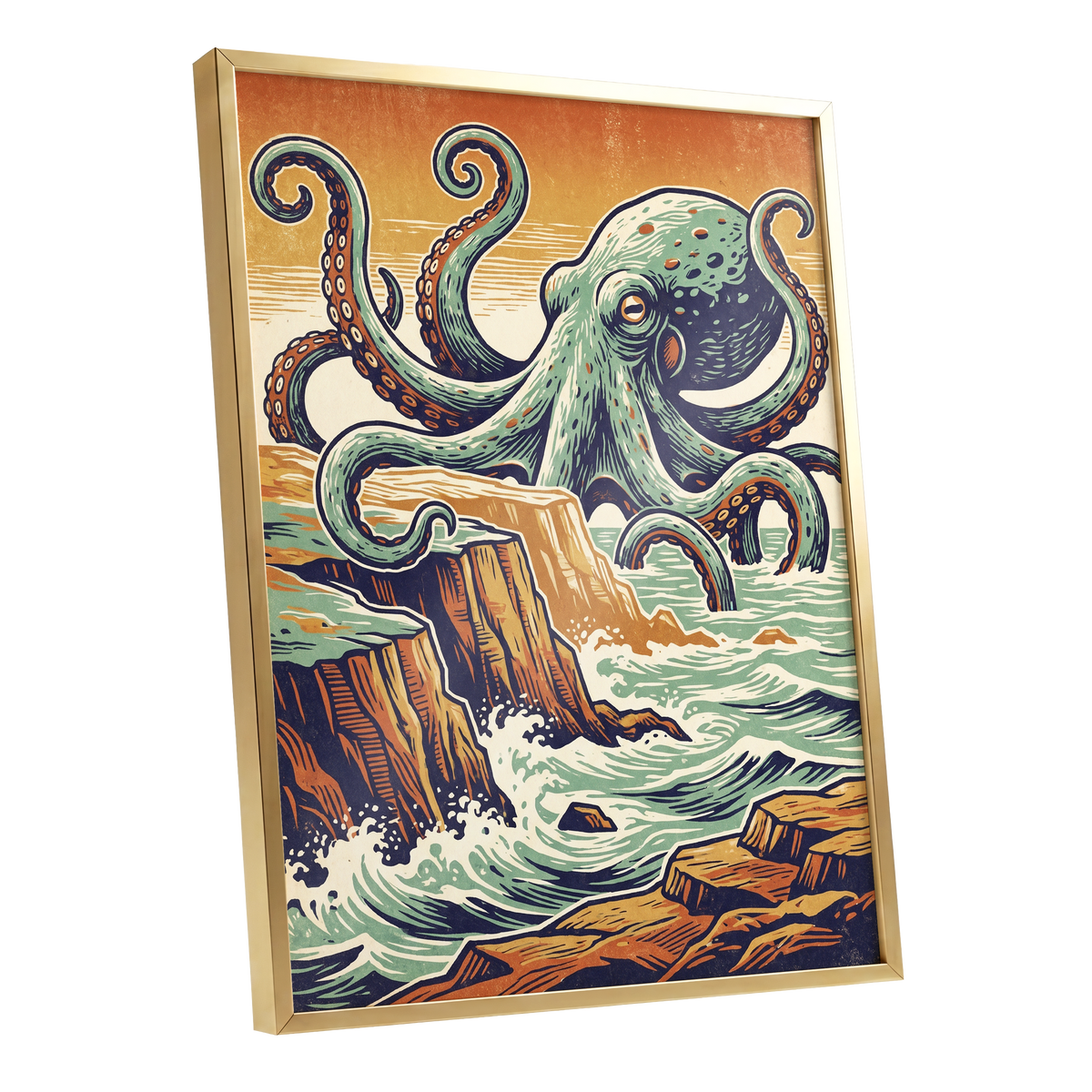 Octopus at the Edge, green, blue, orange nature wall art shown as a gold framed poster wall art print