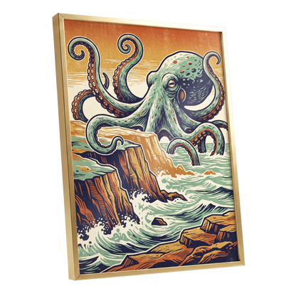 Octopus at the Edge, green, blue, orange nature wall art shown as a gold framed poster wall art print