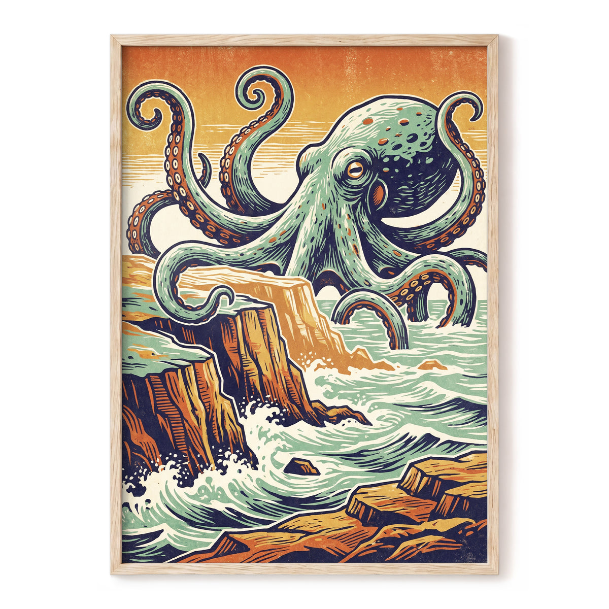 Octopus at the Edge, green, blue, orange nature wall art, front artwork view