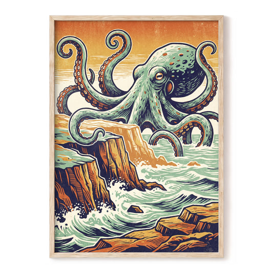 Octopus at the Edge, green, blue, orange nature wall art, front artwork view