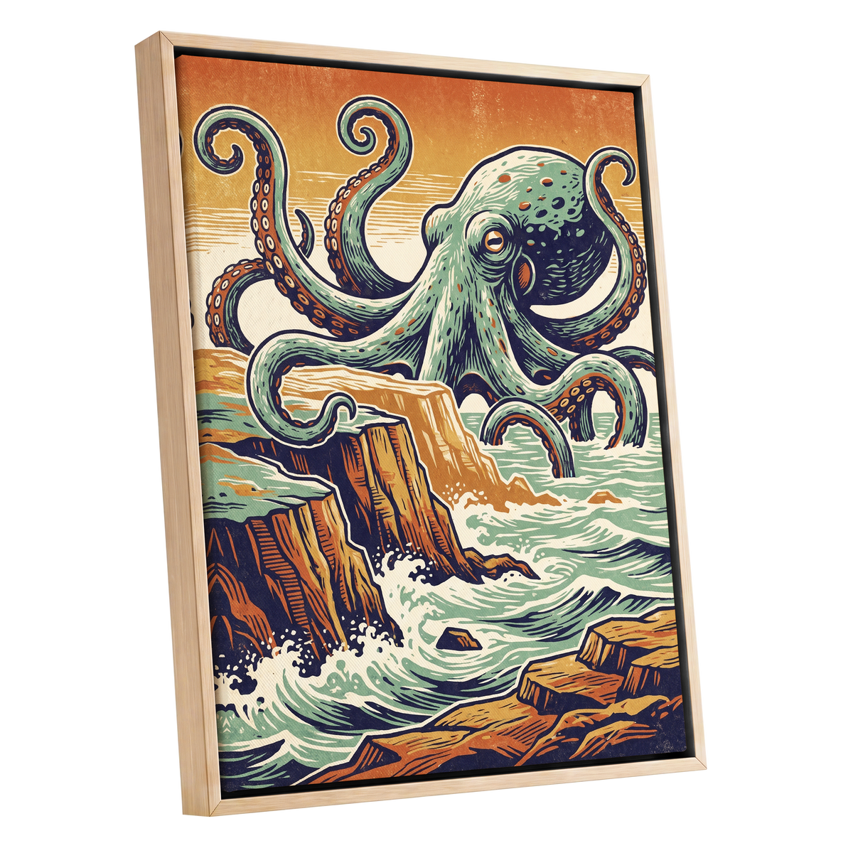 Octopus at the Edge, green, blue, orange nature wall art shown as a oak framed canvas wall art