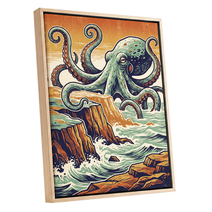 Octopus at the Edge, green, blue, orange nature wall art shown as a oak framed canvas wall art