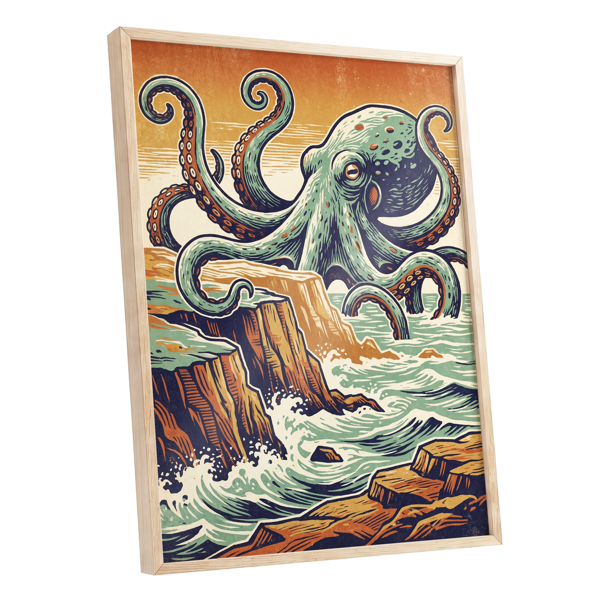 Octopus at the Edge, green, blue, orange nature wall art shown as a oak framed poster wall art print