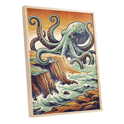 Octopus at the Edge, green, blue, orange nature wall art shown as a oak framed poster wall art print