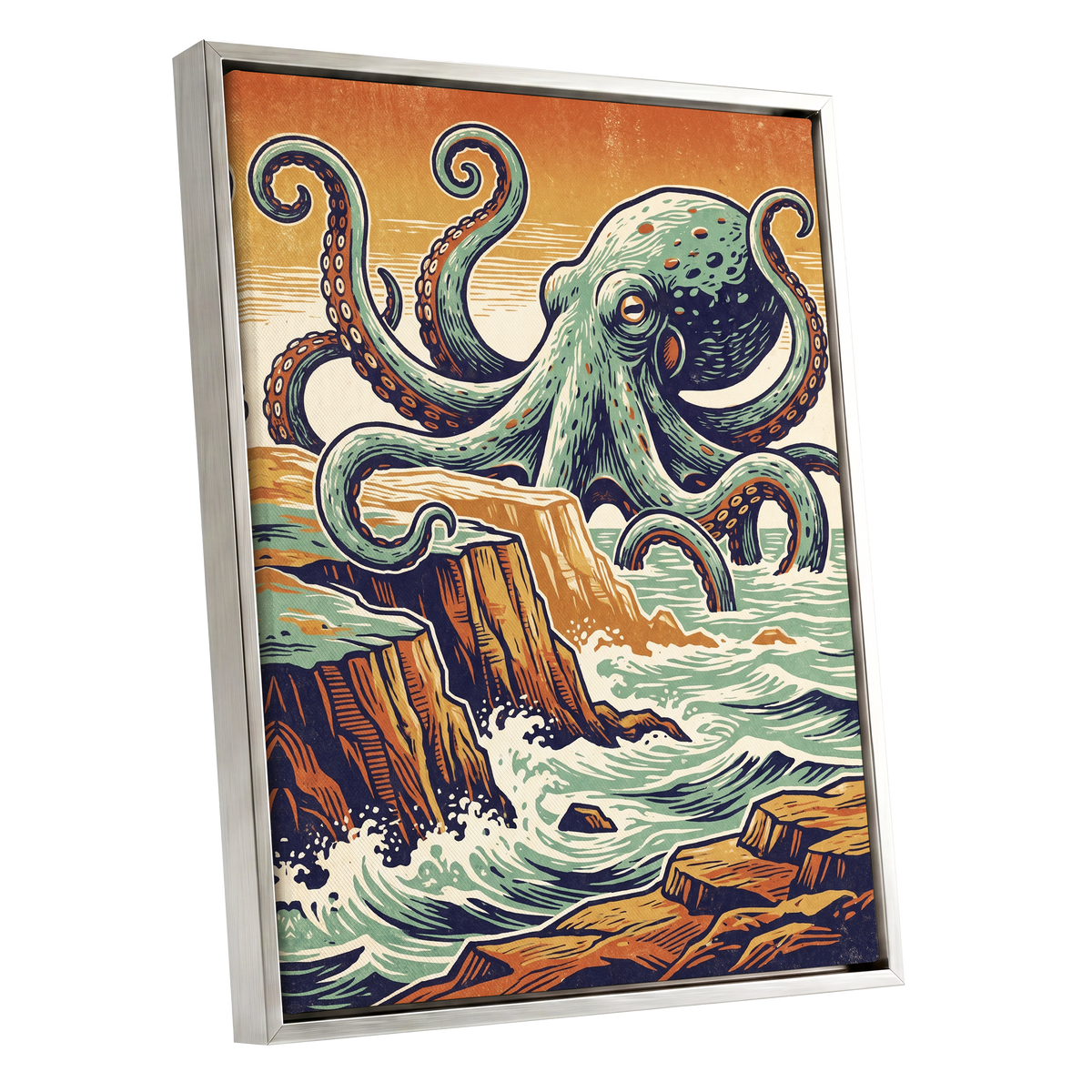 Octopus at the Edge, green, blue, orange nature wall art shown as a silver framed canvas wall art