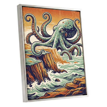 Octopus at the Edge, green, blue, orange nature wall art shown as a silver framed canvas wall art