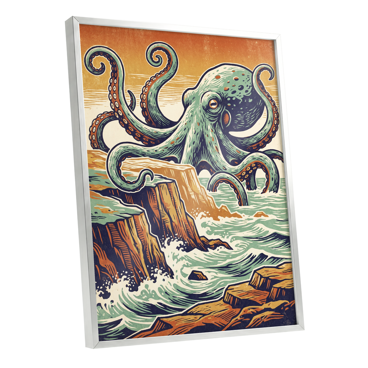 Octopus at the Edge, green, blue, orange nature wall art shown as a silver framed poster wall art print