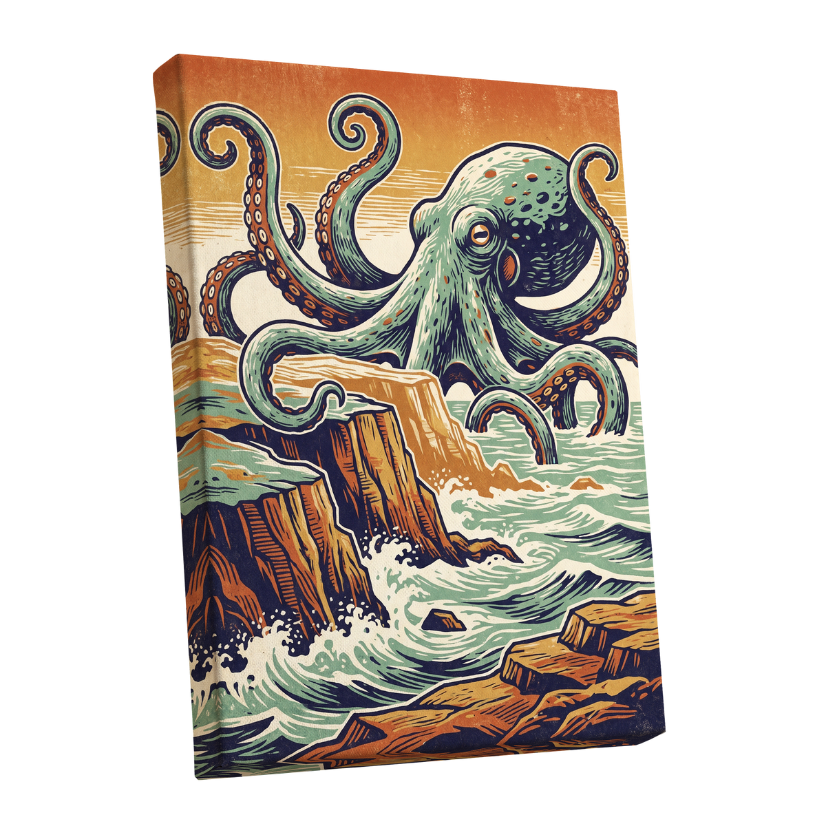 Octopus at the Edge, green, blue, orange nature wall art shown as a stretched canvas wall art