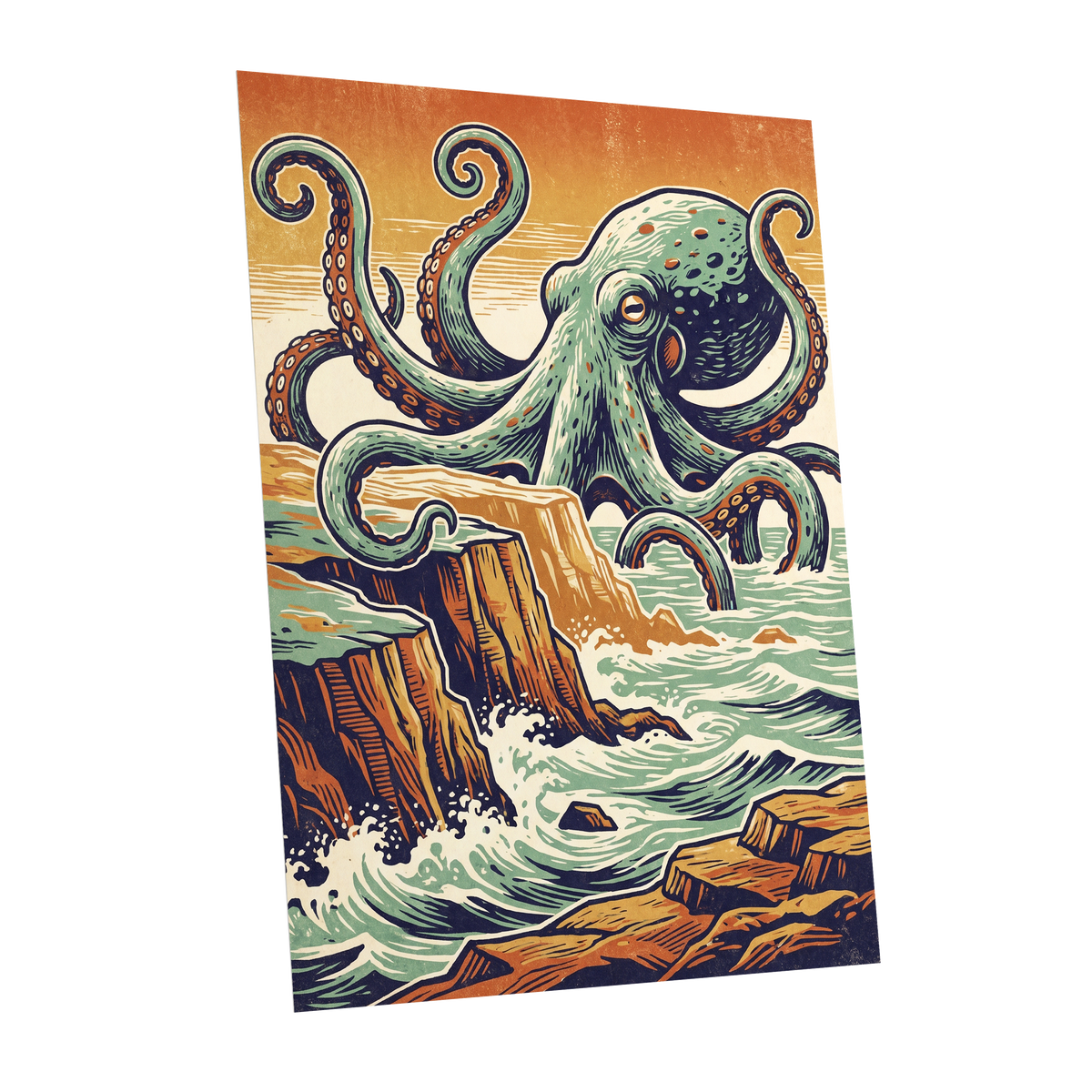 Octopus at the Edge, green, blue, orange nature wall art shown as a unframed poster wall art print