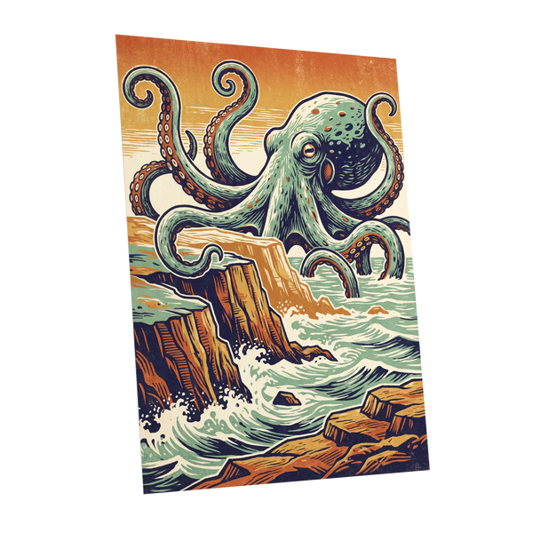 Octopus at the Edge, green, blue, orange nature wall art shown as a unframed poster wall art print