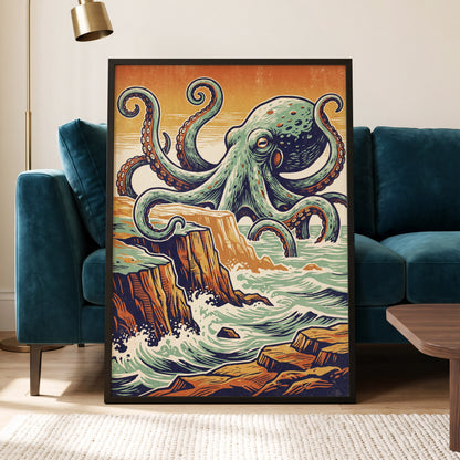 Octopus at the Edge, green, blue, orange nature wall art displayed in a styled interior, gallery view 2