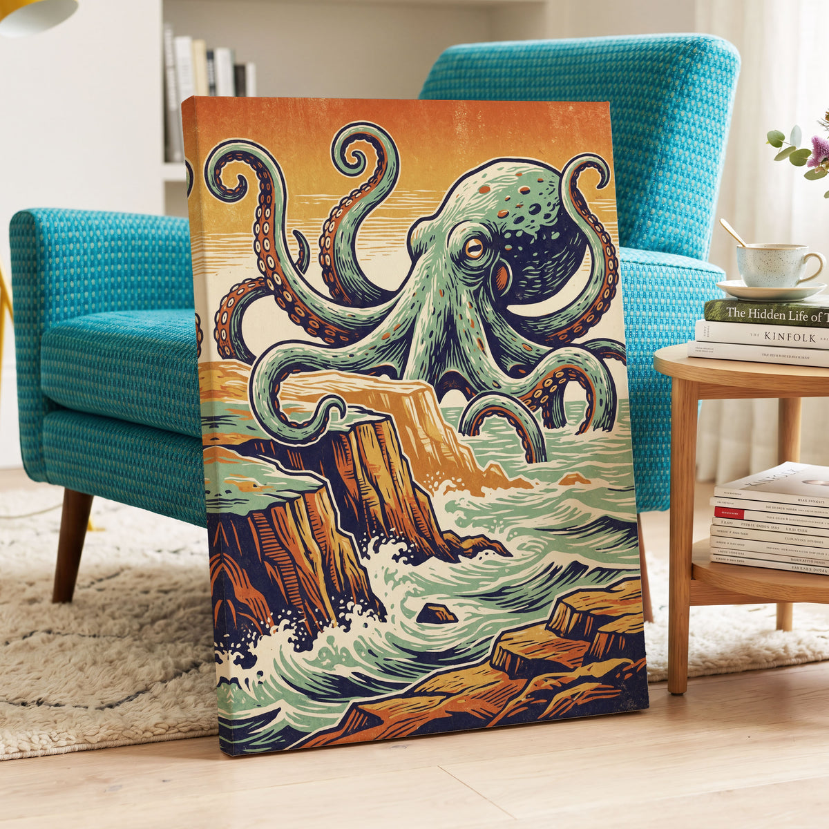 Octopus at the Edge, green, blue, orange nature wall art displayed in a styled interior, gallery view 3
