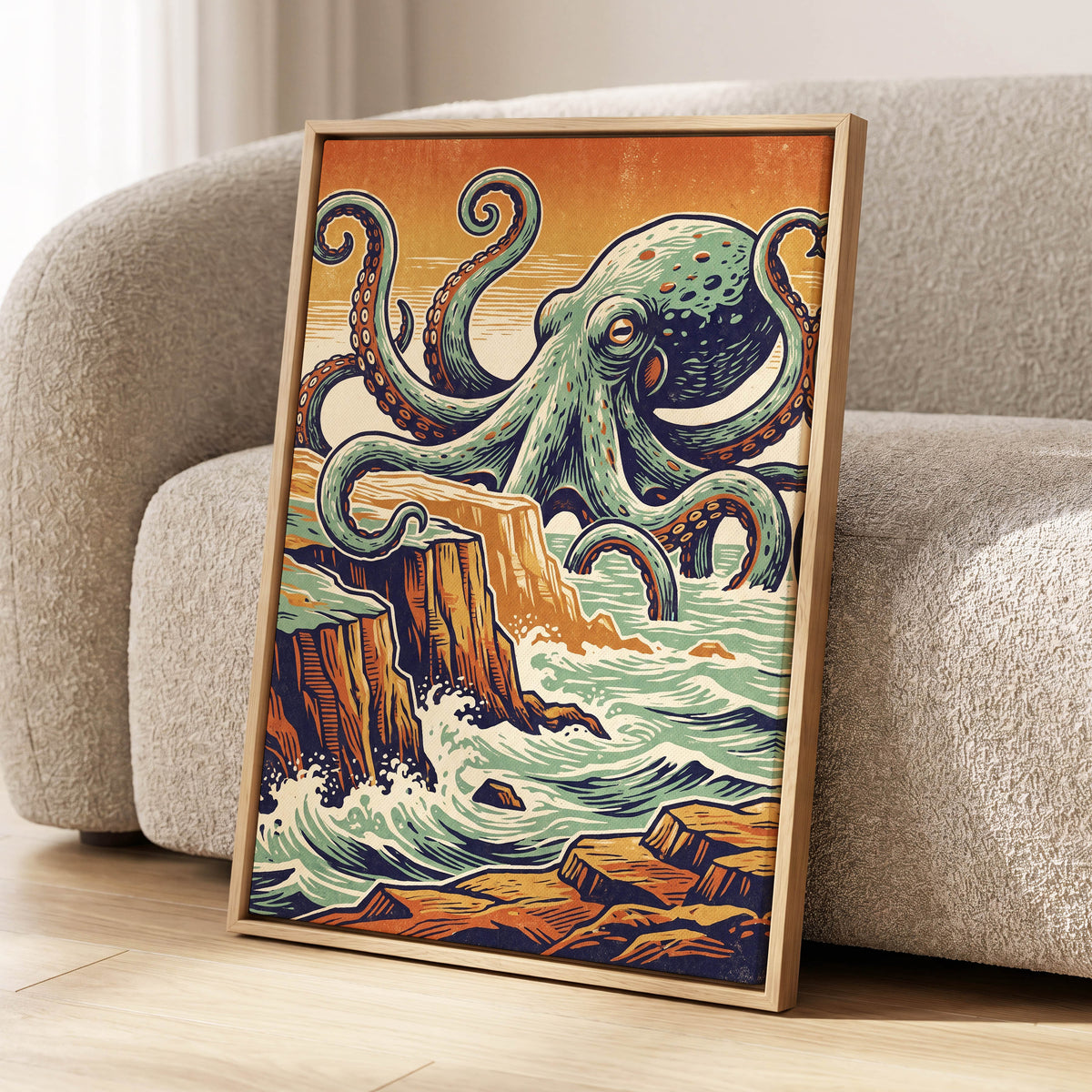 Octopus at the Edge, green, blue, orange nature wall art displayed in a styled interior, gallery view 4