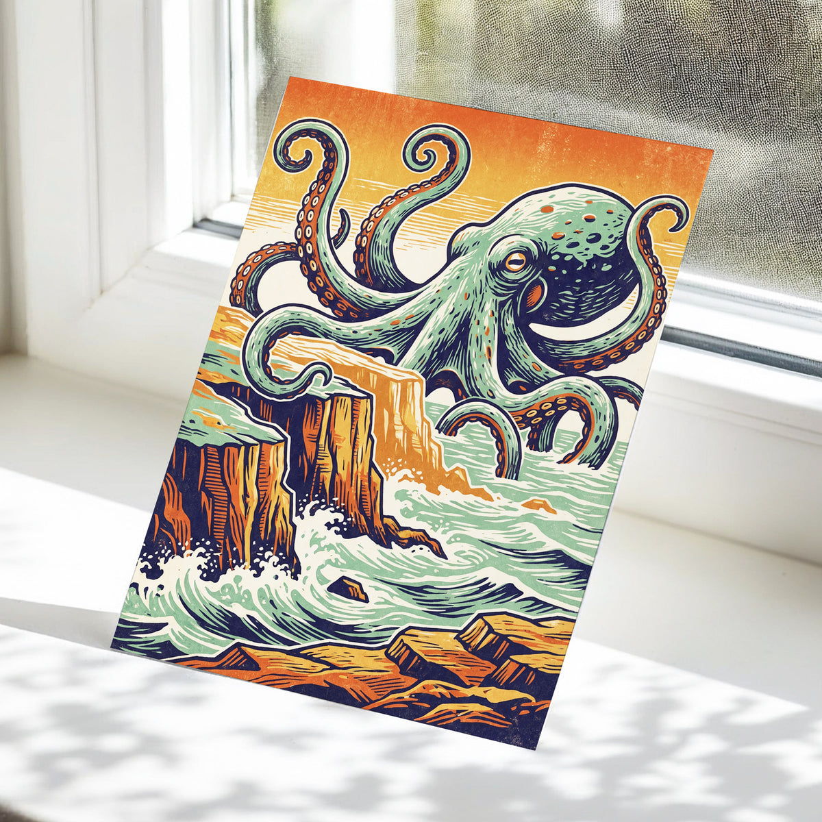 Octopus at the Edge, green, blue, orange nature wall art displayed in a styled interior, gallery view 5