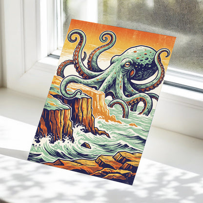 Octopus at the Edge, green, blue, orange nature wall art displayed in a styled interior, gallery view 5