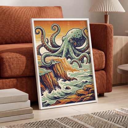 Octopus at the Edge, green, blue, orange nature wall art displayed in a styled interior, gallery view 6