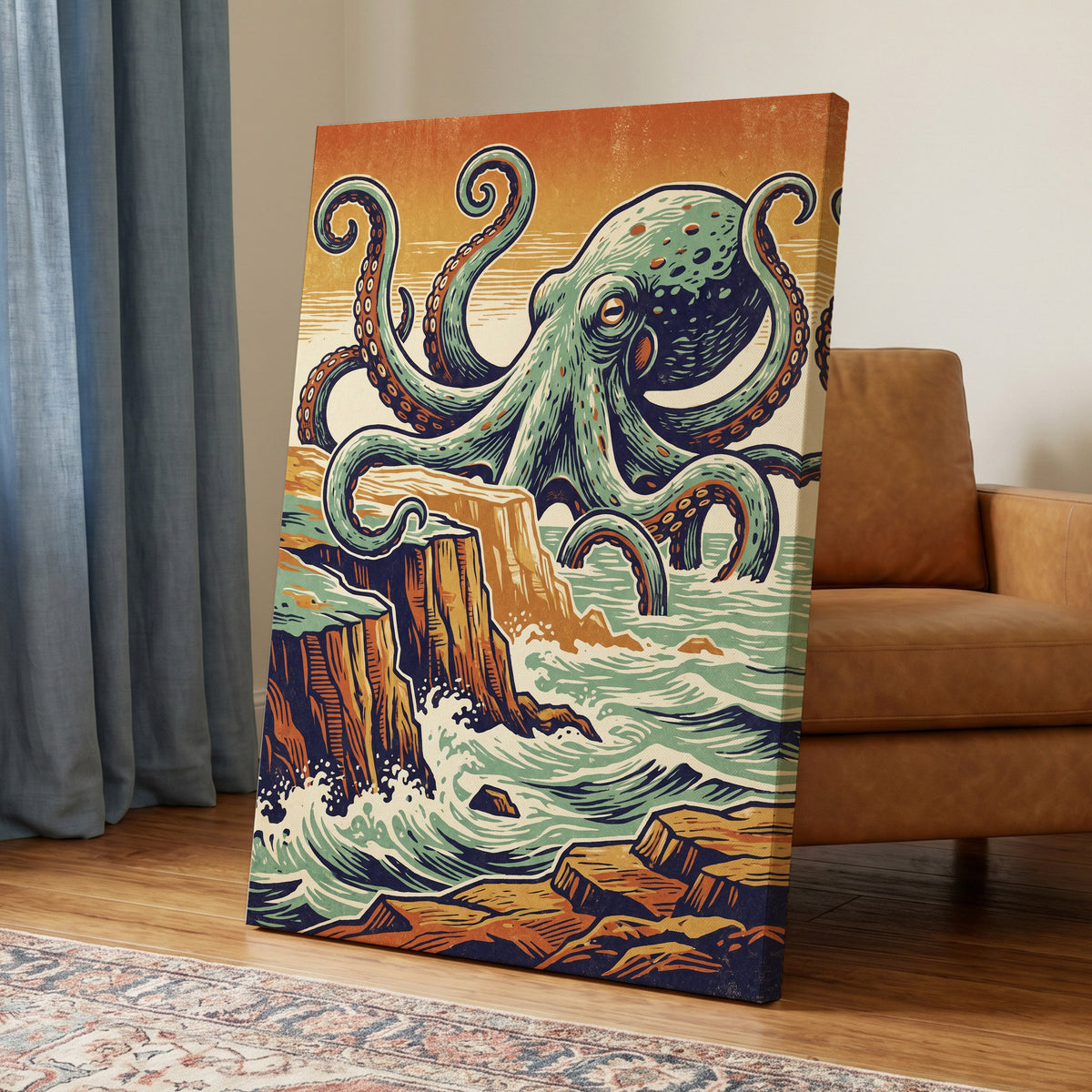 Octopus at the Edge, green, blue, orange nature wall art displayed in a styled interior, gallery view 7