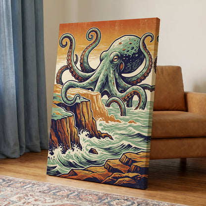 Octopus at the Edge, green, blue, orange nature wall art displayed in a styled interior, gallery view 7