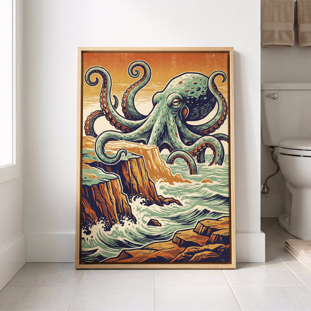 Octopus at the Edge, green, blue, orange nature wall art displayed in a styled interior, gallery view 8