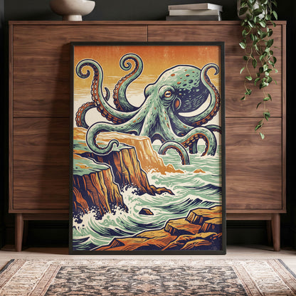 Octopus at the Edge, green, blue, orange nature wall art displayed in a styled interior, gallery view 9
